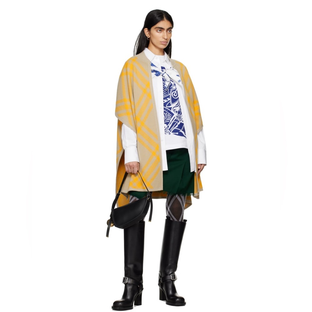 BNWT Burberry Carly Check Wool Cape Taupe & Yellow Check Coat